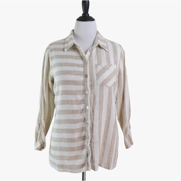 Soft Surroundings Size L Camina Linen Blend Tunic Stripe Cream Brown - Picture 3 of 11